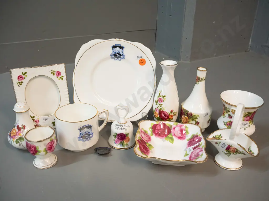 assorted bone china including Royal Albert, Grafton New Plymouth Boys' High plate, cup and badge, Royal Crown Derby, etc Image 1++