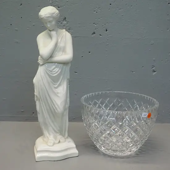 Belleek classical style figurine, part high glaze and part matte H380 and a cut crystal deep salad bowl D-210