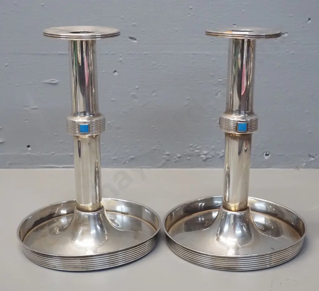 pair of vintage arts & crafts style silver-plated candlesticks with enamel square ornaments - slight dents to base H-220 Image 1++