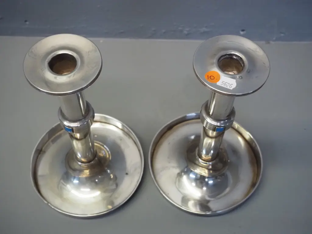 pair of vintage arts & crafts style silver-plated candlesticks with enamel square ornaments - slight dents to base H-220 Image 1++