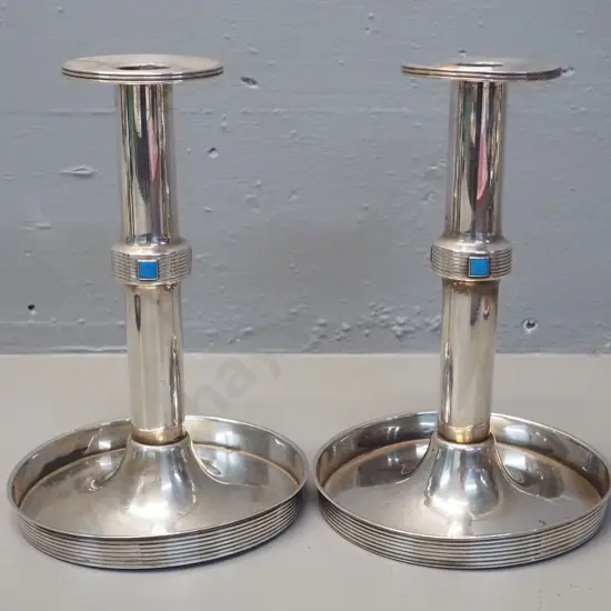 pair of vintage arts & crafts style silver-plated candlesticks with enamel square ornaments - slight dents to base H-220