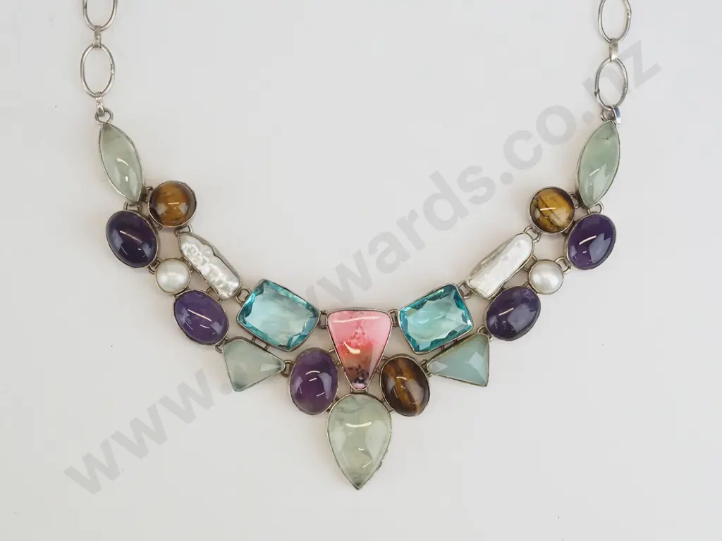 silver multi coloured large stone necklace stamped 925 Image 1++