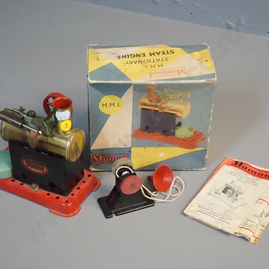 Mamod model stationery steam engine with original box and a Multum plastic flywheel H-130 L-130 W-70