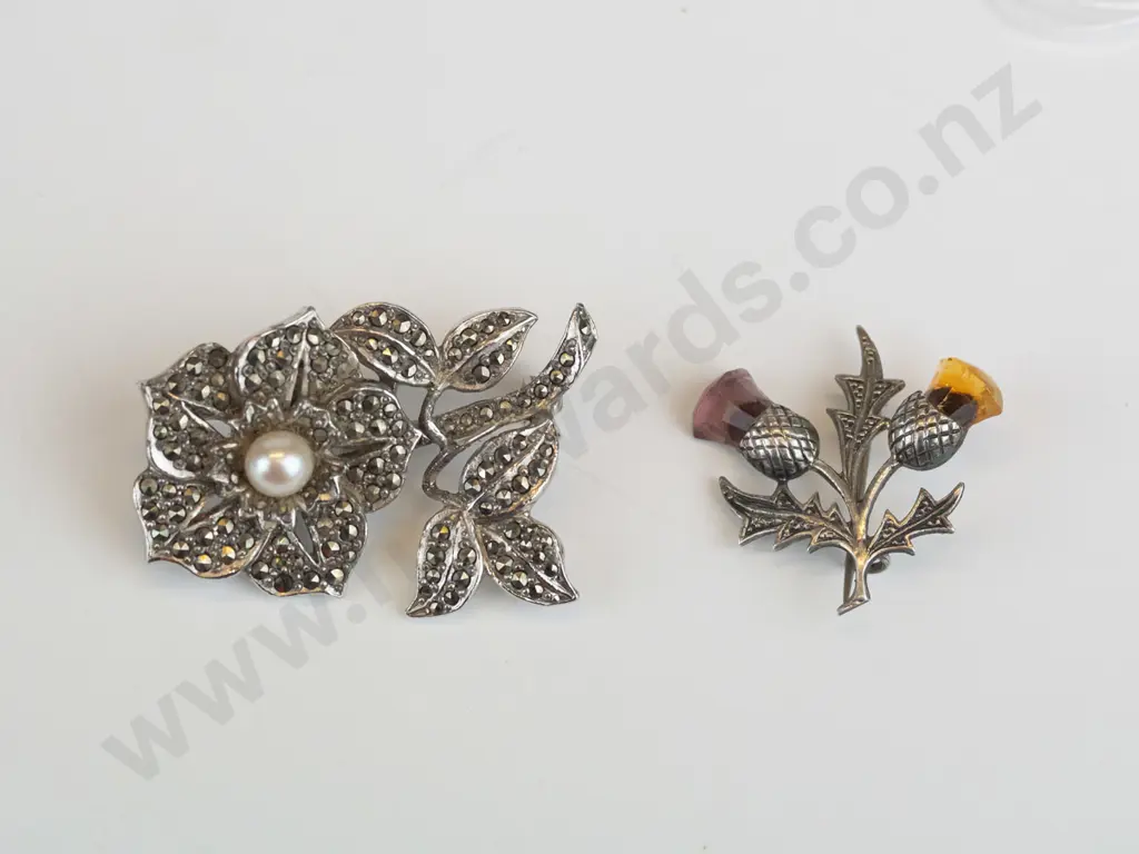 silver plated marcasite/pearl flower brooch [no pin] & silver thistle brooch Image 1++