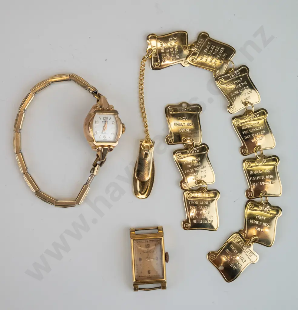 10 commandments gold plated bracelet [broken] & 2 gold plated ladies watches [1 without strap] Image 1++
