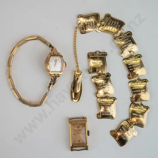 10 commandments gold plated bracelet [broken] & 2 gold plated ladies watches [1 without strap]