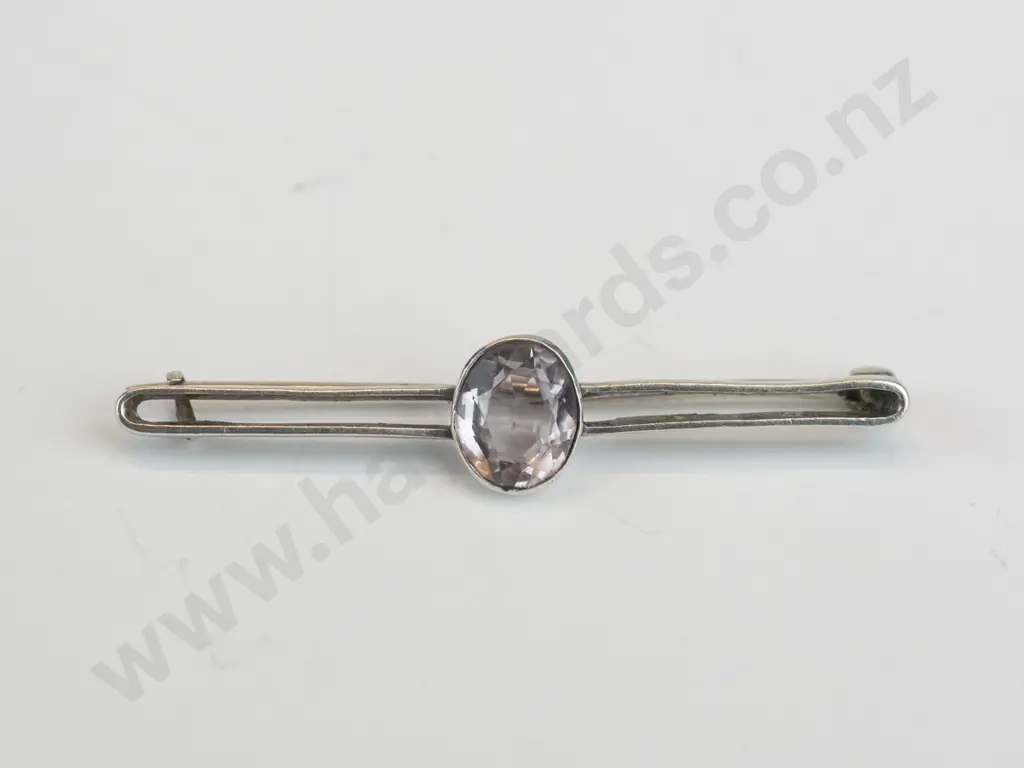 sterling silver bar brooch with pale oval purple stone Image 1++