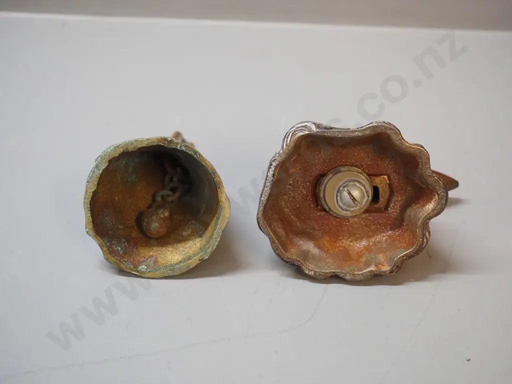 brass bell in shape of a woman H110, pierced brass hinged-lid trinket, and small anvil marked No 532 England Image 1++