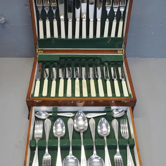 oak-cased set of cutlery with drawer - some bone handled, includes fish knife and fork set, servers, teaspoons, etc.
