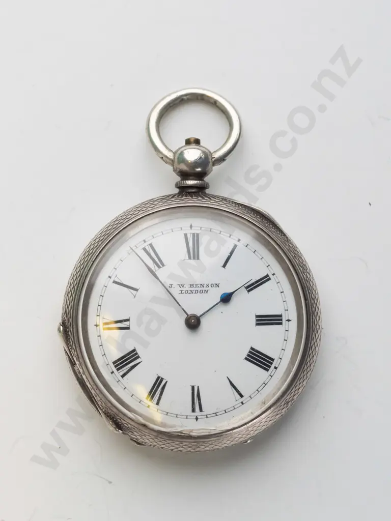 silver pocket watch stamped fine siver,15236, lion  on face JW Benson London Image 1++