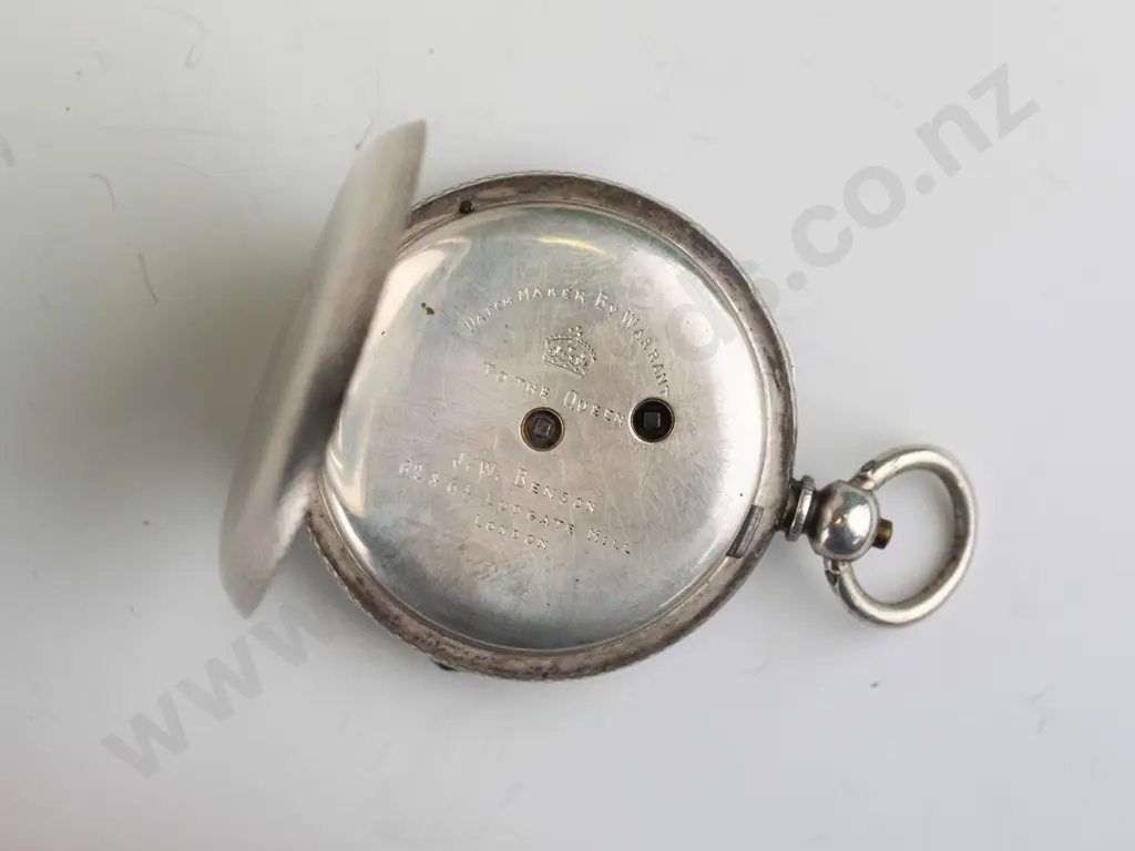 silver pocket watch stamped fine siver,15236, lion  on face JW Benson London Image 1++