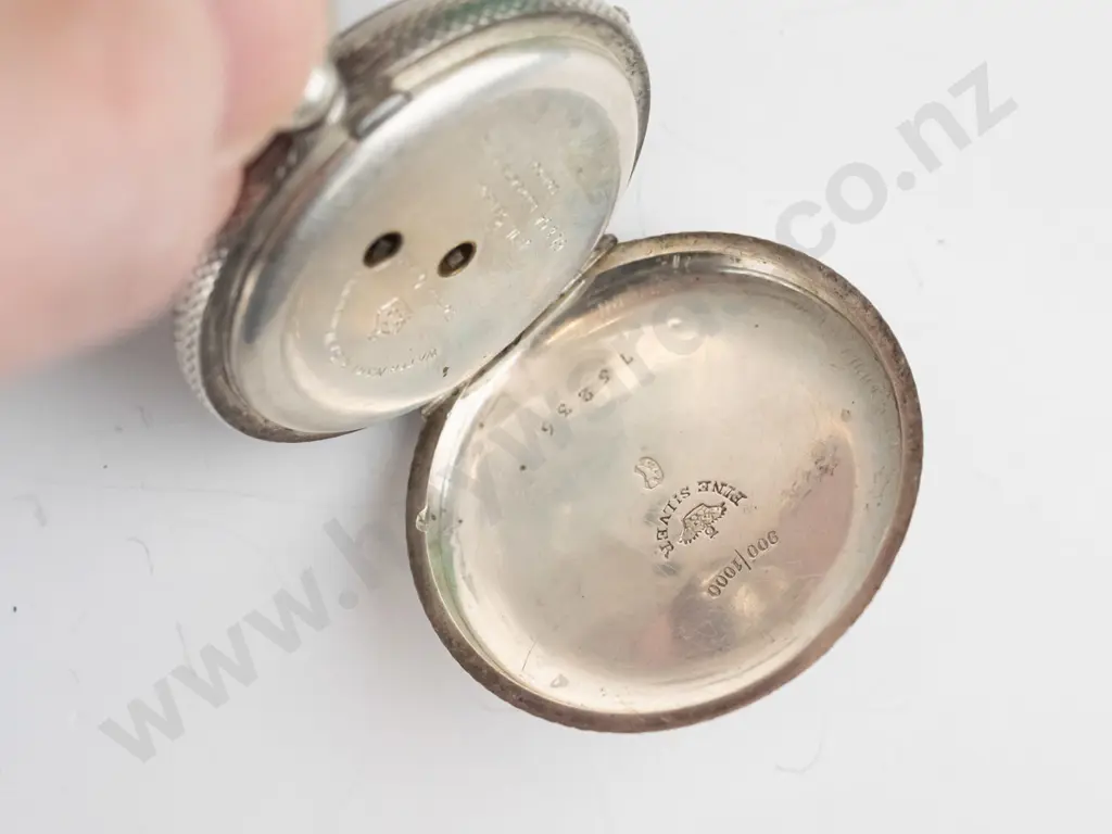 silver pocket watch stamped fine siver,15236, lion  on face JW Benson London Image 1++