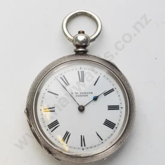 silver pocket watch stamped fine siver,15236, lion  on face JW Benson London
