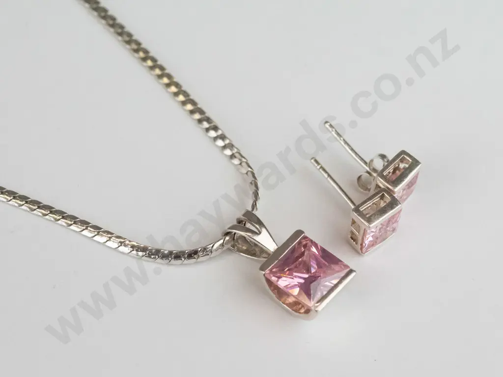 silver pink stone necklace & matching earrings stamped 925 Image 1++