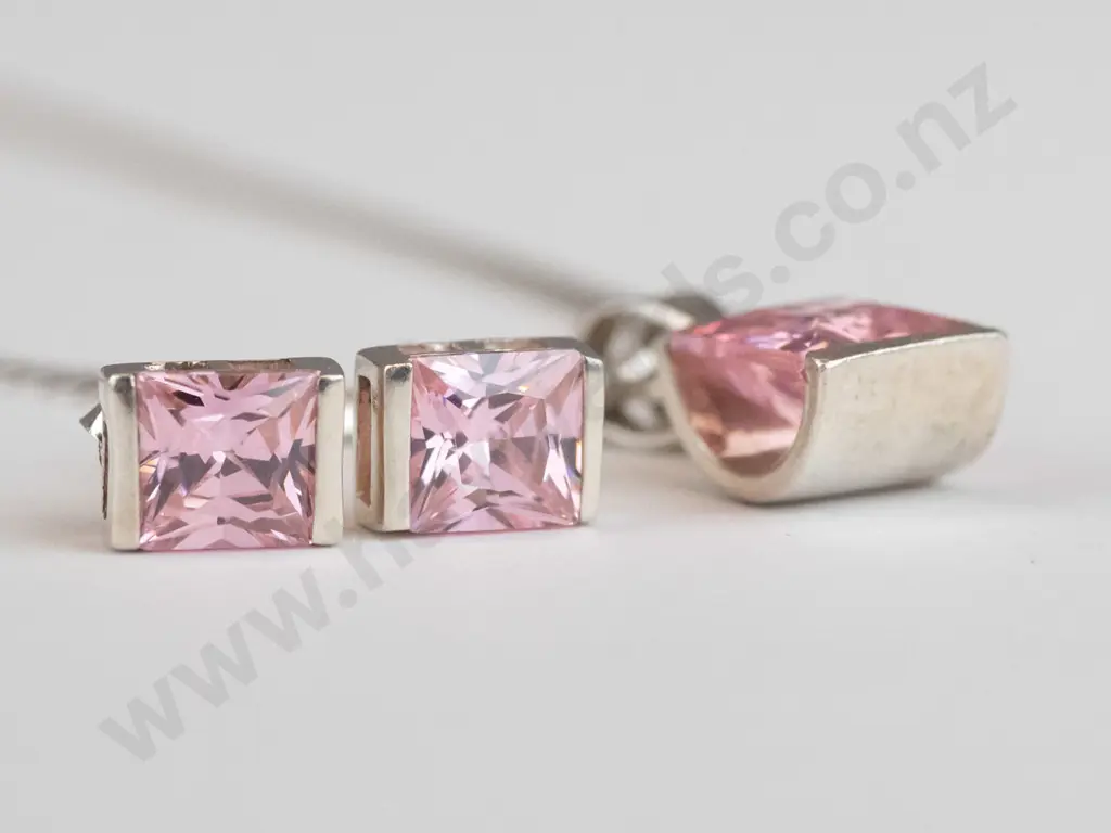 silver pink stone necklace & matching earrings stamped 925 Image 1++