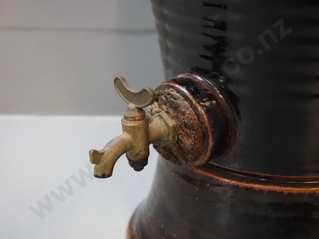 studio pottery urn with brass spigot, cork stopper, no maker's marks H-340 D-240 at widest Image 1++