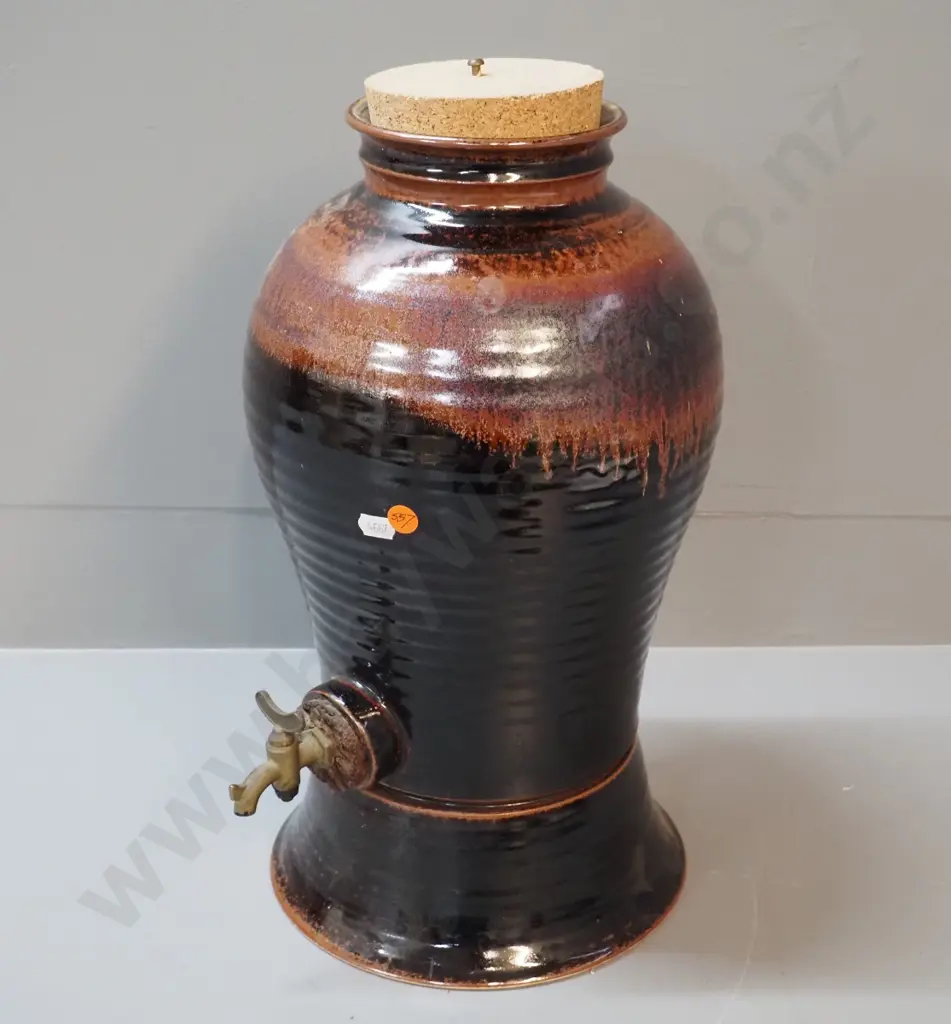 studio pottery urn with brass spigot, cork stopper, no maker's marks H-340 D-240 at widest Image 1++