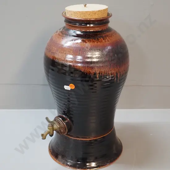 studio pottery urn with brass spigot, cork stopper, no maker's marks H-340 D-240 at widest