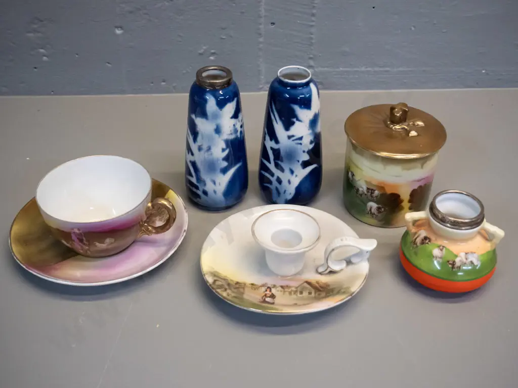 4 pieces Royal Bayreuth animal motif and 2 English blue & white vases H-125, one with sterling rim, other has Image 1++