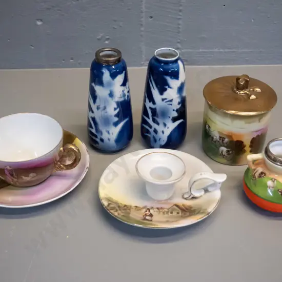 4 pieces Royal Bayreuth animal motif and 2 English blue & white vases H-125, one with sterling rim, other has