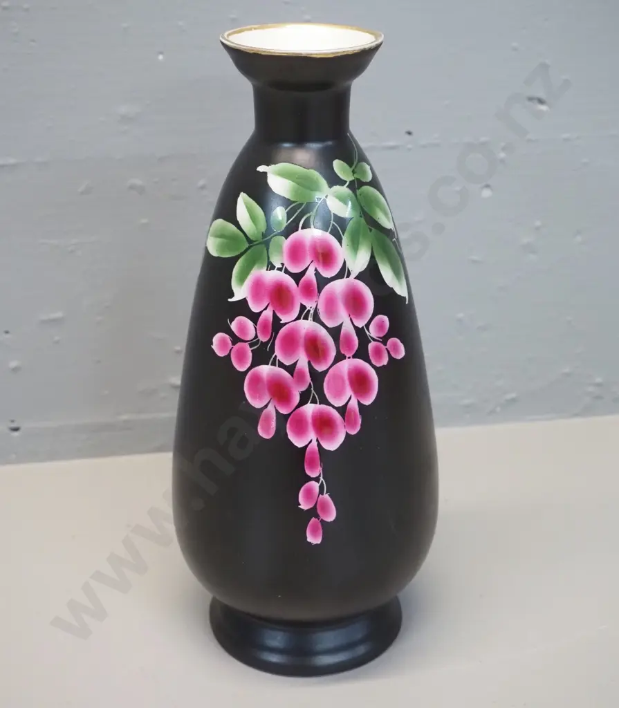 hand-painted vase - floral on black, no maker's marks H-260 D-120 at widest Image 1++
