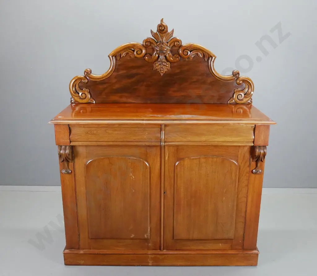 antique mahogany and mixed timber carved back sideboard with 2 drawers, one lined, 2 doors, with key - warped frame on Image 1++