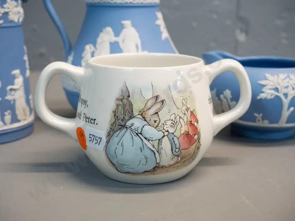 3 Wedgwood light blue Jasperware jugs and a Wedgwood Peter Rabbit double handled child's mug. Tallest jug H130 Image 1++