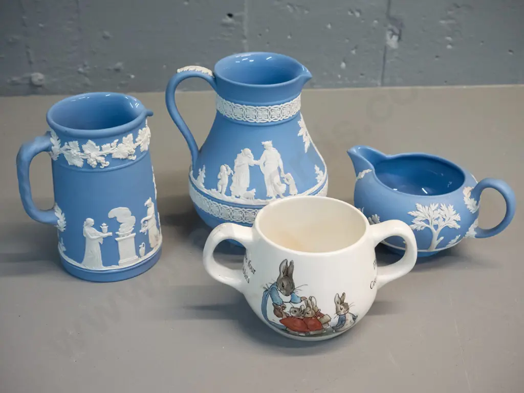 3 Wedgwood light blue Jasperware jugs and a Wedgwood Peter Rabbit double handled child's mug. Tallest jug H130 Image 1++