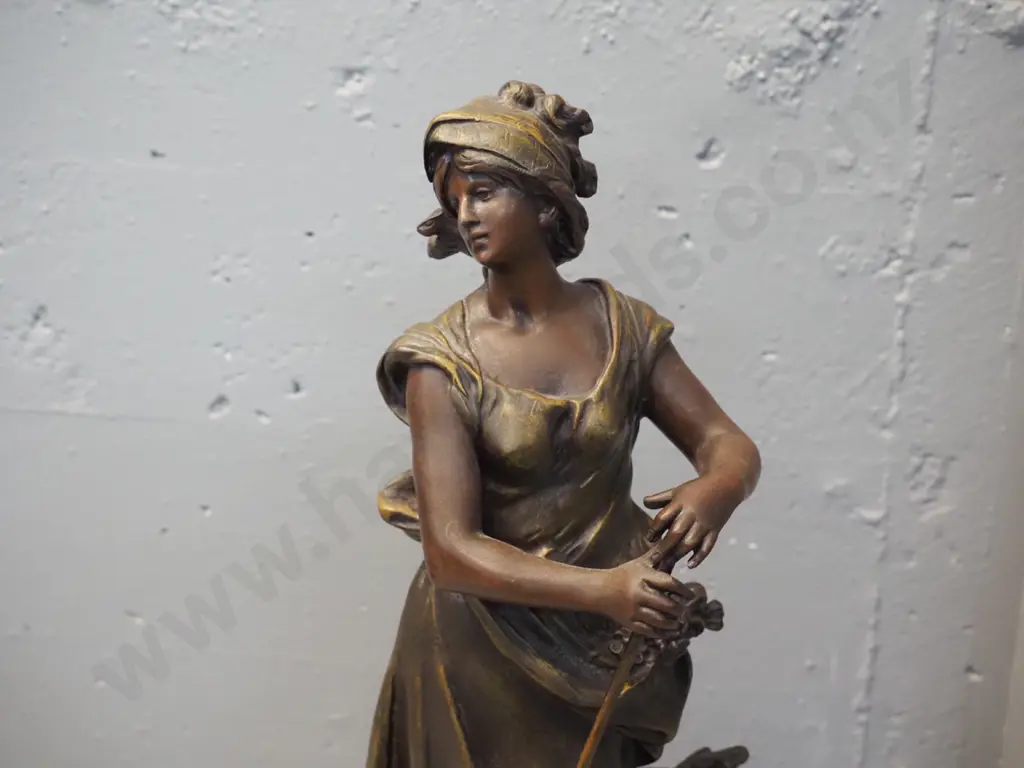 vintage cast bronze marked Aug. Moreau: classical style figure of a woman with rake with "Faneuse" plaque H540 W200 Image 1++