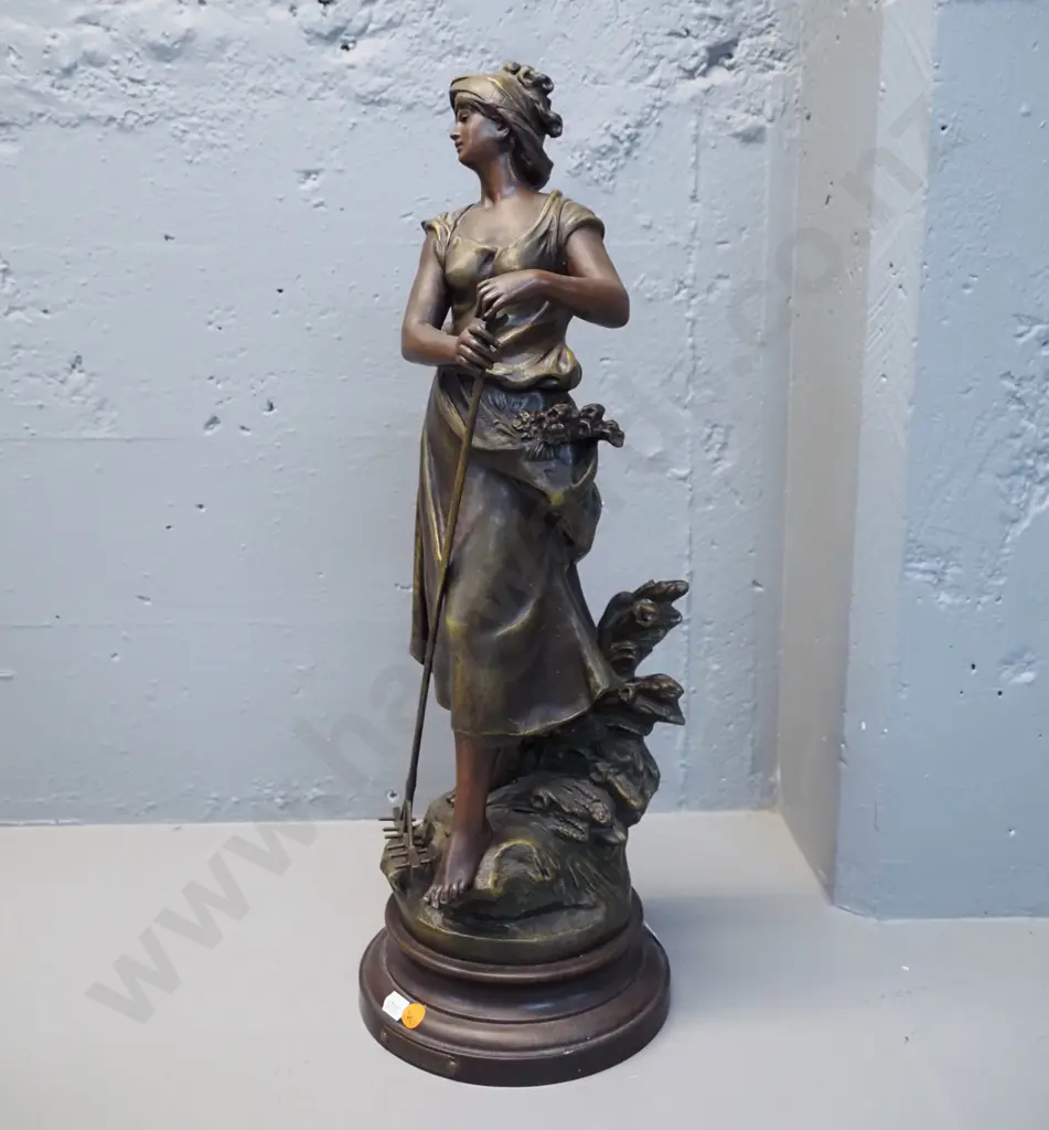 vintage cast bronze marked Aug. Moreau: classical style figure of a woman with rake with "Faneuse" plaque H540 W200 Image 1++