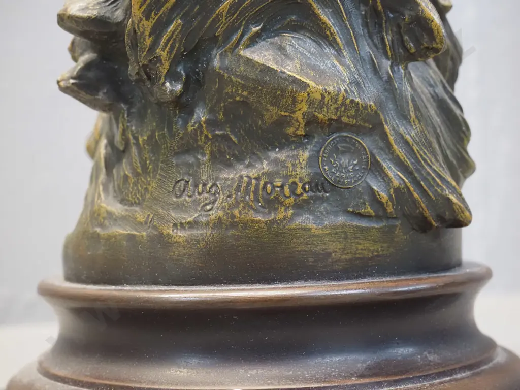 vintage cast bronze marked Aug. Moreau: classical style figure of a woman with rake with "Faneuse" plaque H540 W200 Image 1++