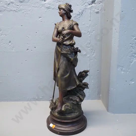 vintage cast bronze marked Aug. Moreau: classical style figure of a woman with rake with "Faneuse" plaque H540 W200