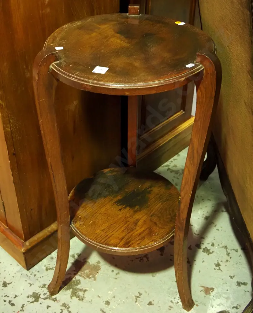 oak round 2-tier plant stand on 3 sweeping legs some staining and damage to surface H-755 D-390 Image 1++