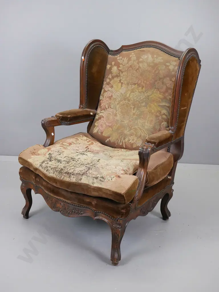 French fruit wood open armed wingchair, arms having entwined acanthus and bellflower decoration Image 1++
