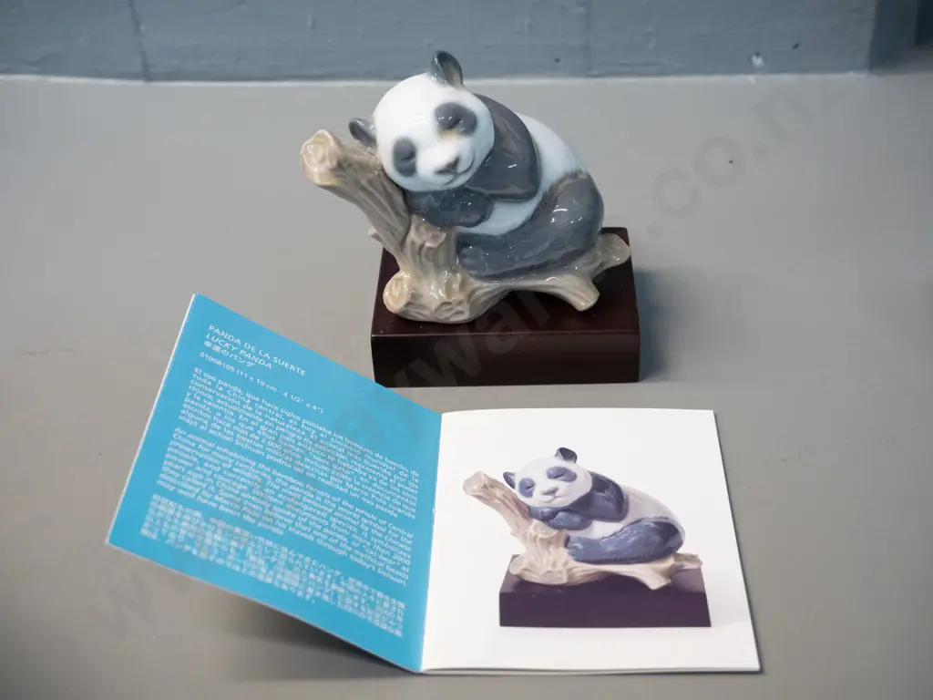 small Lladro panda figure with wooden stand & pamphlet - H-110 on base Image 1++