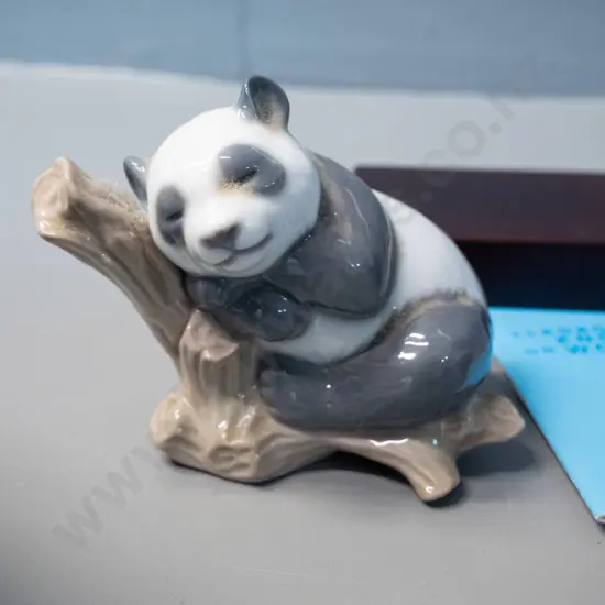 small Lladro panda figure with wooden stand & pamphlet - H-110 on base