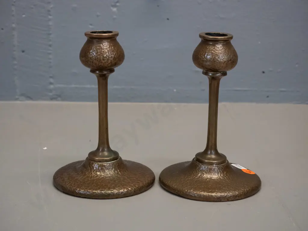 pair of deco heavy solid brass candlesticks with hammered finish H-155 D-100 at base Image 1++