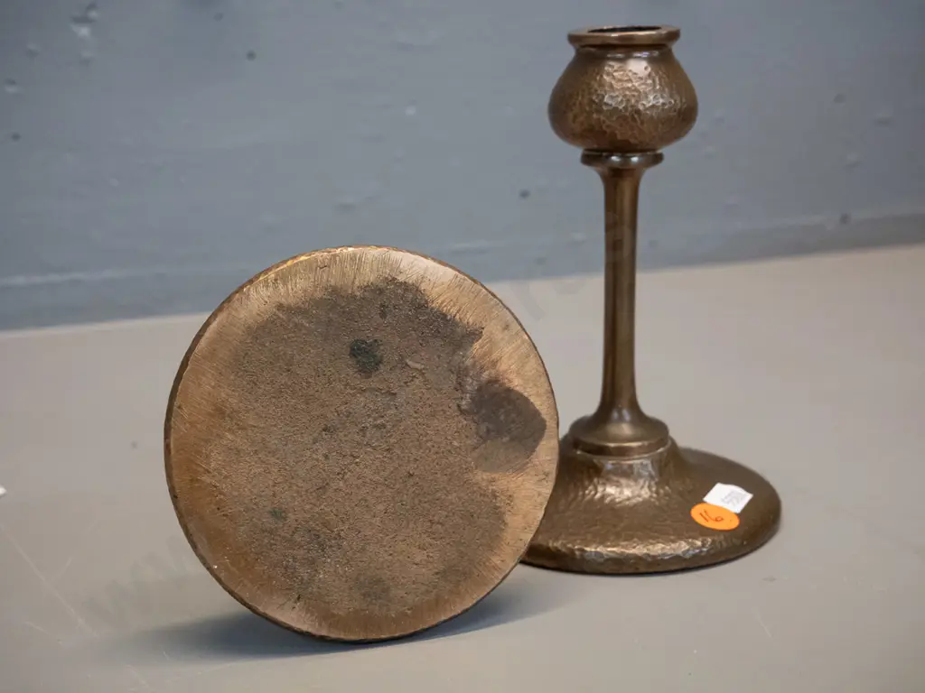 pair of deco heavy solid brass candlesticks with hammered finish H-155 D-100 at base Image 1++