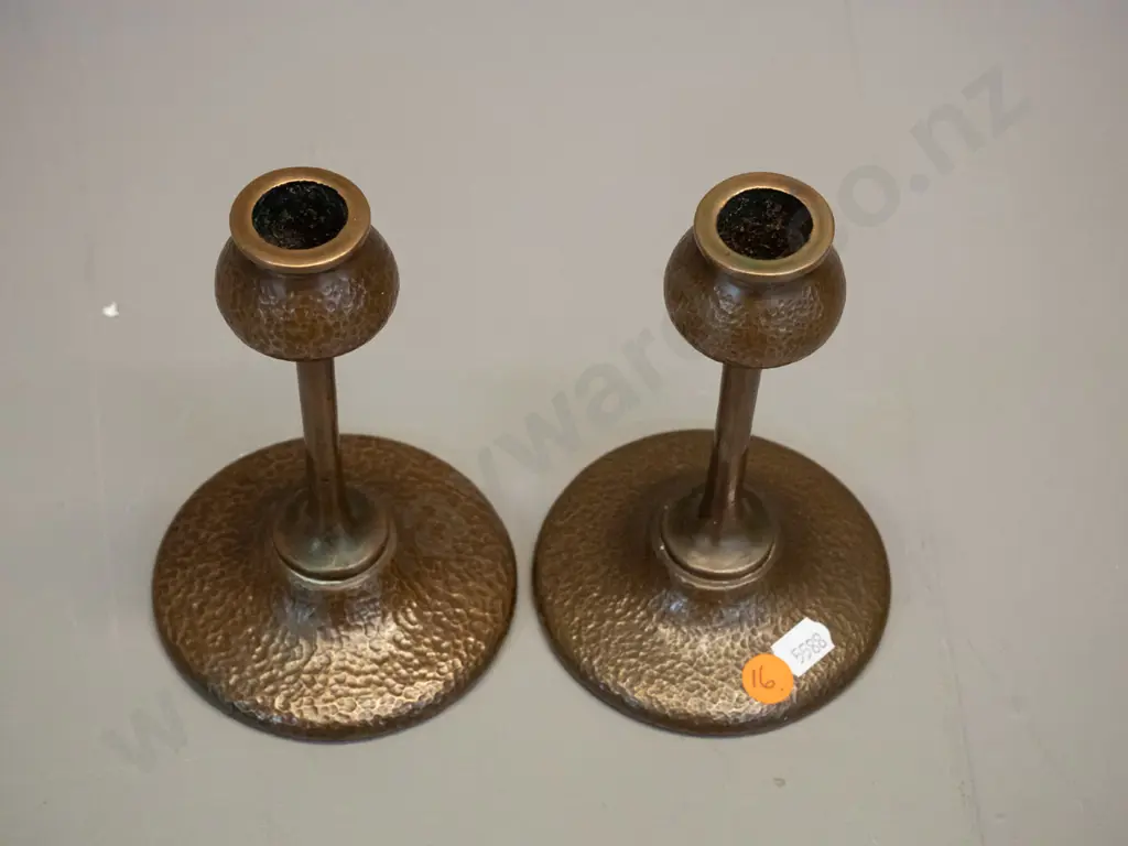 pair of deco heavy solid brass candlesticks with hammered finish H-155 D-100 at base Image 1++
