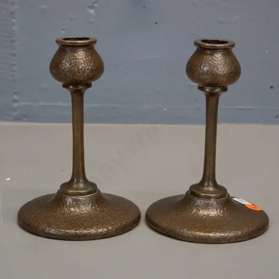 pair of deco heavy solid brass candlesticks with hammered finish H-155 D-100 at base