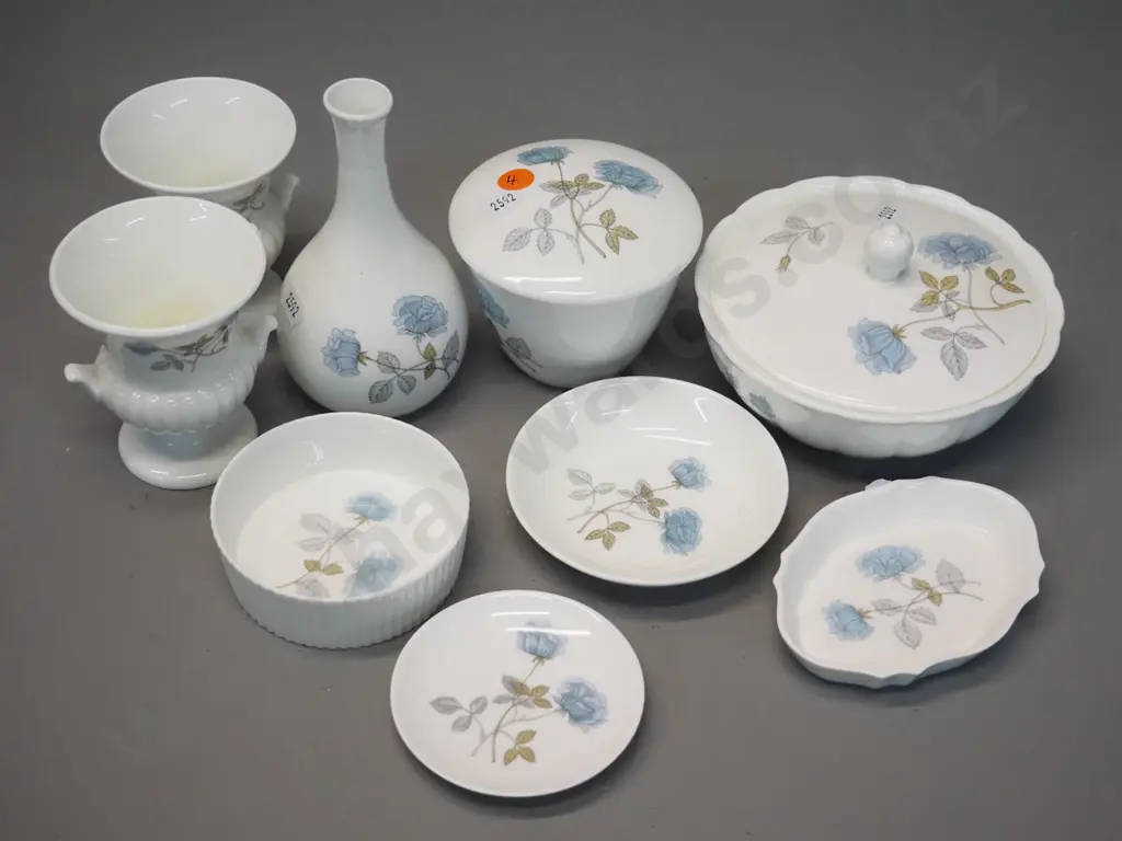 collection of Wedgwood "Ice Rose" pattern small china items - 3 vases, 3 pin dishes, ramekin, 2 lidded pots. Tallest Image 1++
