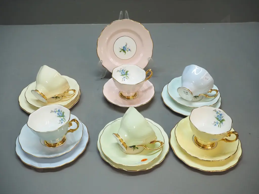 set of 6 Royal Albert Forget-Me-Not trios in different pastel colours Image 1++