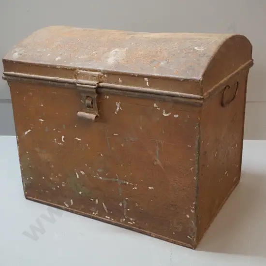 metal tin chest / large deed box with arched top, red painted interior, 2 handles, general wear H-320 W-360 D-260