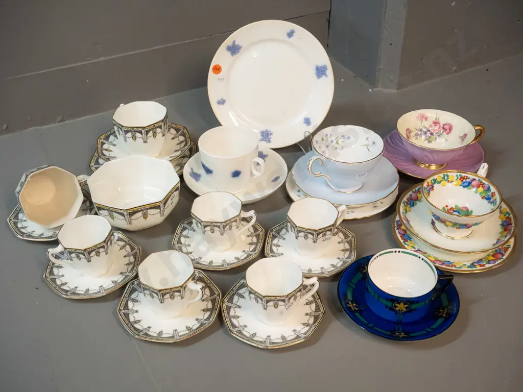 assorted English tea ware including Shelley trio and cup & saucer, Hammersley trio, part Royal Doulton Claremont coffee Image 1++