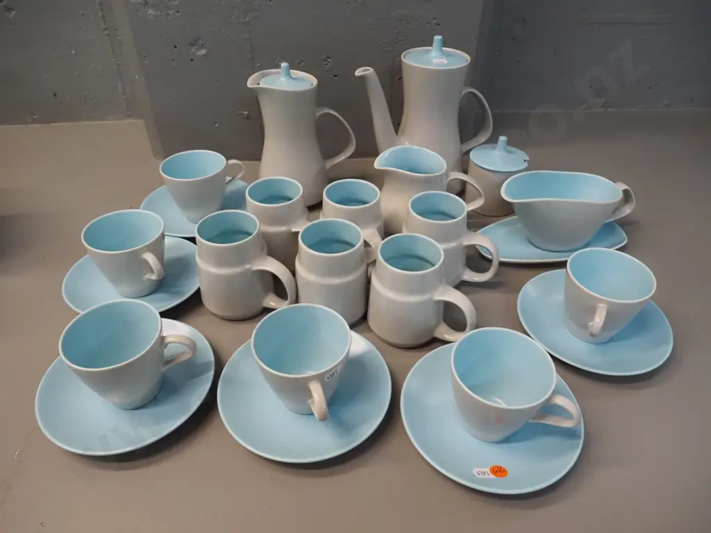 Poole blue and grey coffee and teaware - two pots, 6 cups & saucers, 6 mugs Image 1++