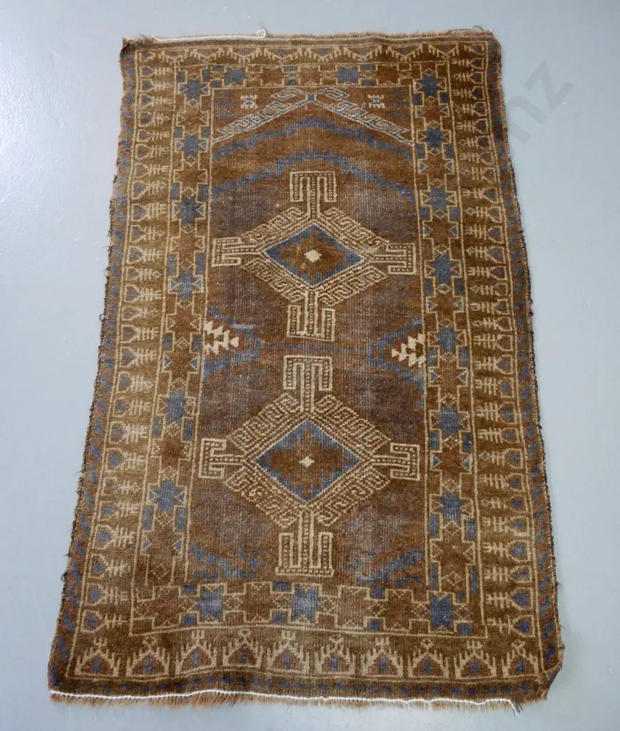 hand-knotted wool floor rug - very faded - blue and brown, wear to restitched ends L-1220 W-730 Image 1++