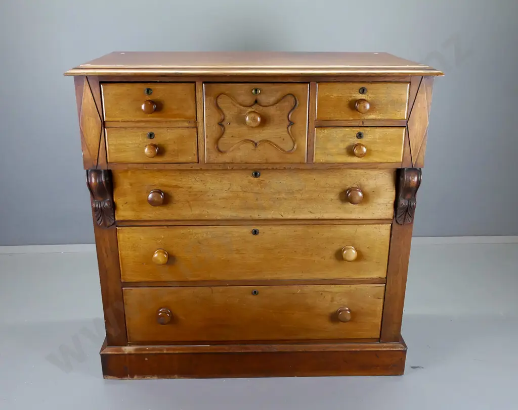 antique cedar 7-drawer Scotch chest, 2-tone finish with lighter drawer fronts, key escutcheons, no key, One drawer has Image 1++