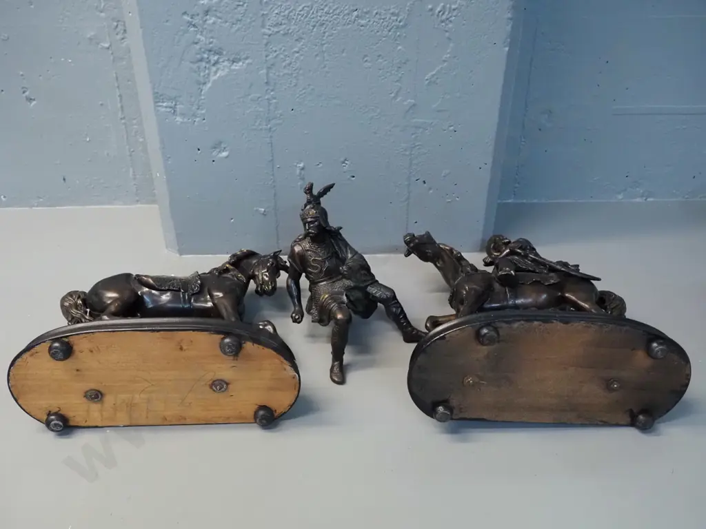 pair of vintage spelter horse & warrior figures on timber bases - one rider loose, has had repair H-370 L-300 W-150 Image 1++