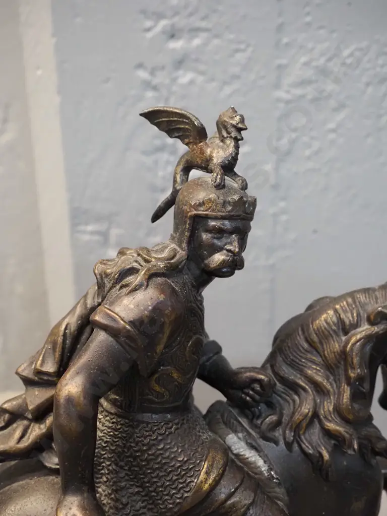 pair of vintage spelter horse & warrior figures on timber bases - one rider loose, has had repair H-370 L-300 W-150 Image 1++