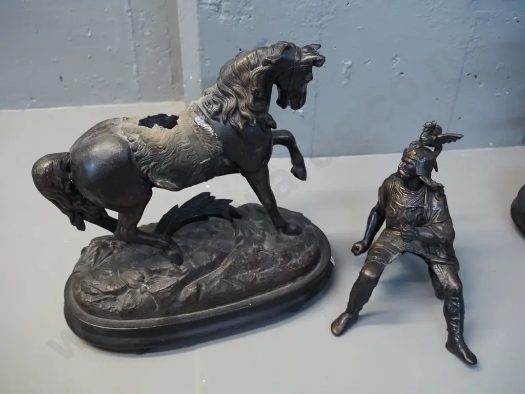 pair of vintage spelter horse & warrior figures on timber bases - one rider loose, has had repair H-370 L-300 W-150 Image 1++
